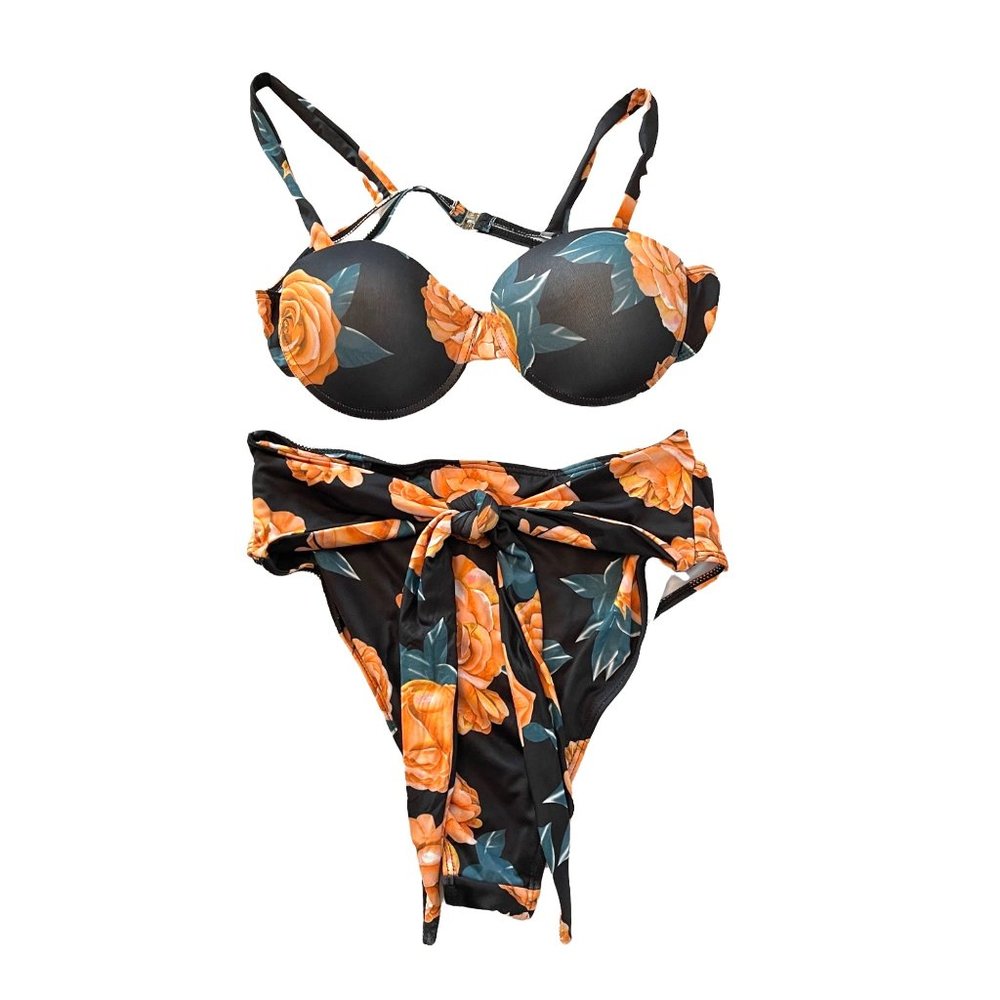 Luxyville black floral high waist 2 piece bikini swimsuit women's size L - Picture 14 of 14